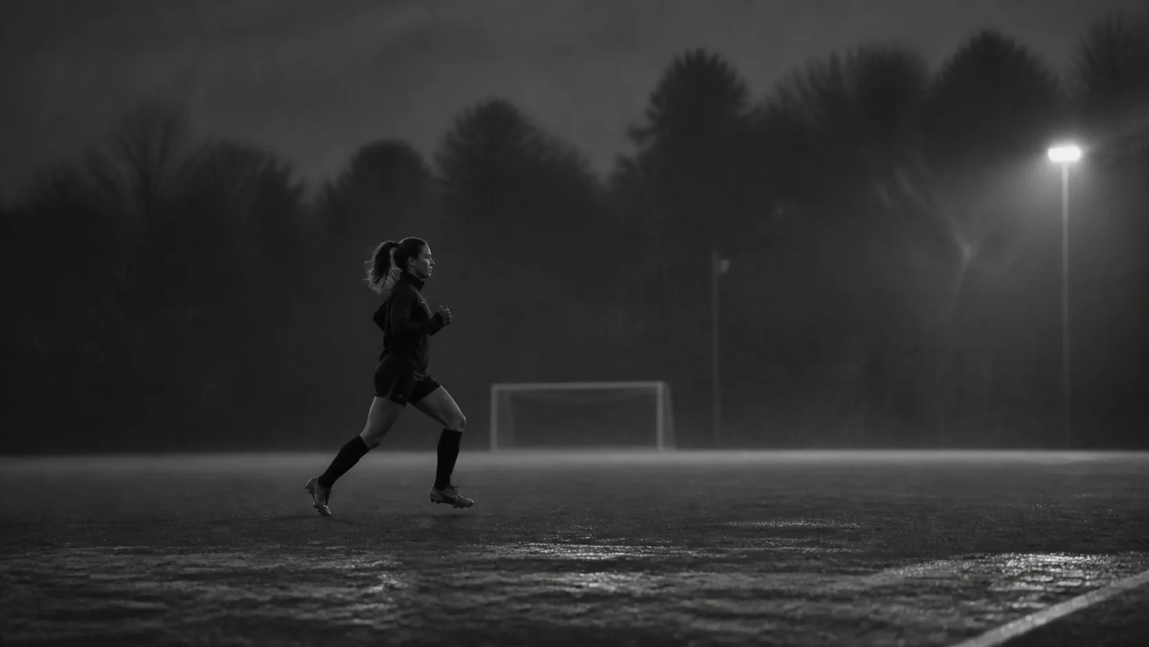 一名女足球运动员在雨后的夜间球场上独自奔跑